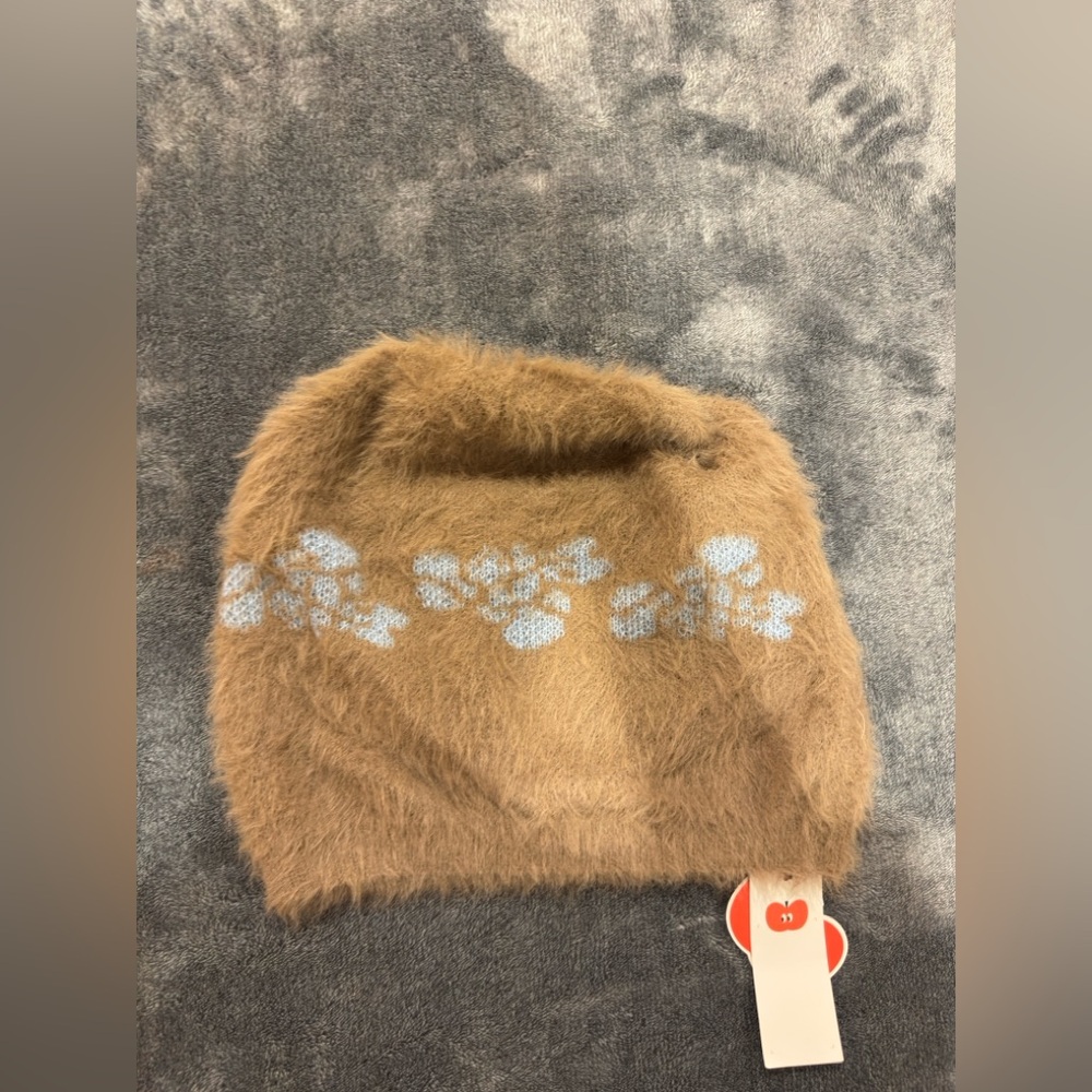 Cider Tan Fuzzy Crop Top with Light Blue Floral Accents